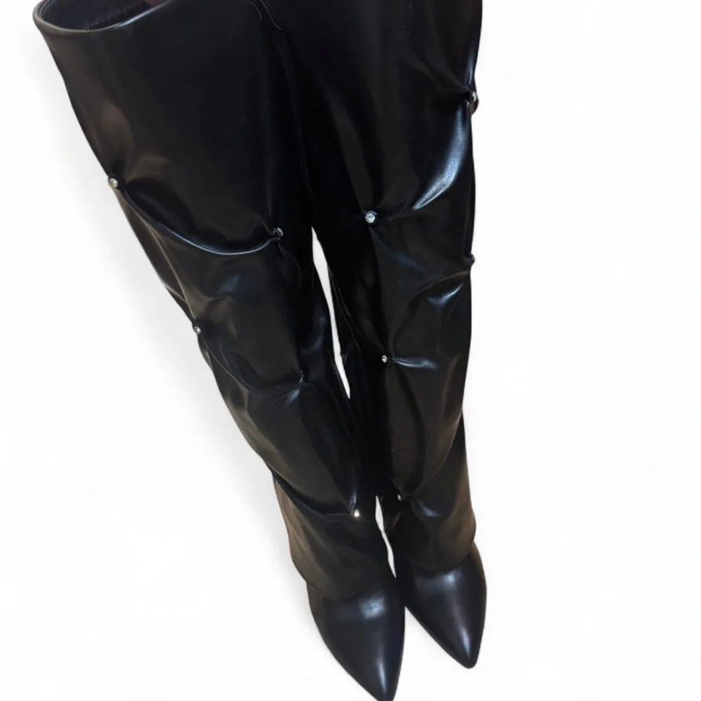 Cider | Women's Black & Rhinestone Knee-High Ruched Stiletto Boots | 10